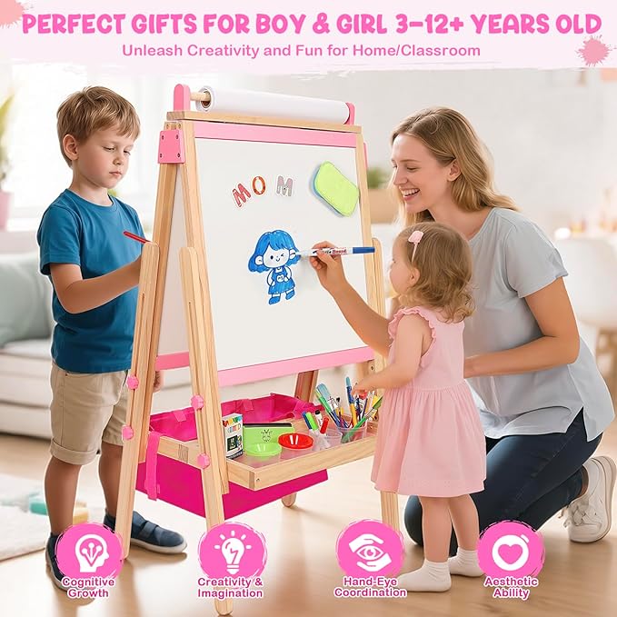 Wood Easel for Kids, All-in-ONE Adjustable Easel with Art Supplies, Magnetic Double Sided Whiteboard & Chalkboard, Ideal Christmas, Birthday Gift for Boys & Girls Age 3, 4, 5, 6, 7, 8+ Years Old