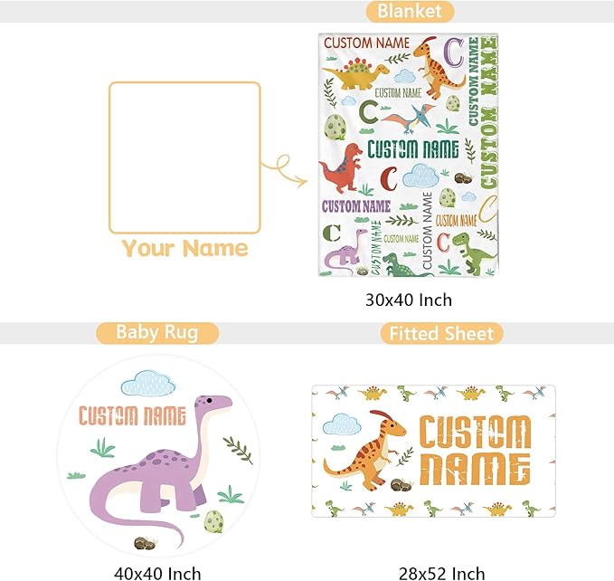 Custom Baby Bedding Set, 3 Pcs Personalized Name Crib Bedding Set for Nursery, Soft Double Layer Baby Crib Set for Boy Girl, Customized Gifts for New Parents Infants Toddlers, Green Dinosaur