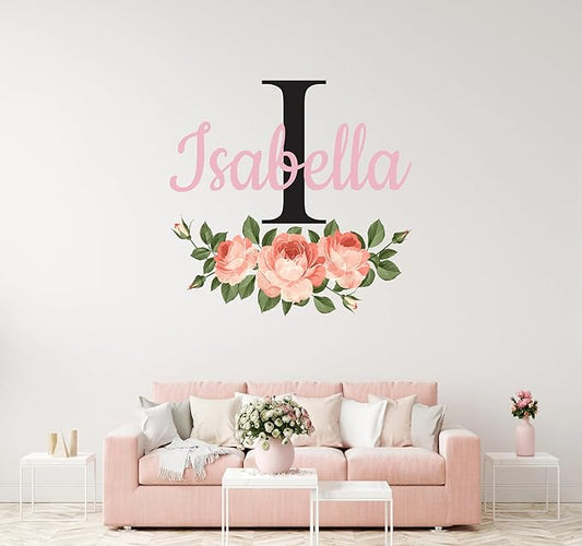 CuteDecals Flowers Custom Name & Initial Wall Decal - Personalized Peonies Art Decor Mural Girls Stickers For Nursery Bedroom Decoration (Mini Wide 15''x13'' Height)