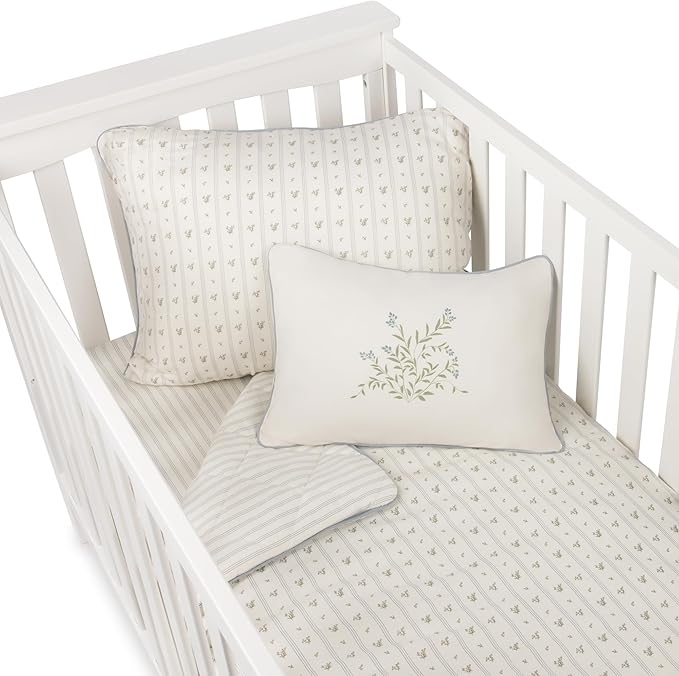 Ely's & Co. Mini Crib Bedding Set for Boys, 4 Piece Set Includes – 1 Fitted Mini Crib Sheet, Quilted Comforter and Decorative Pillowcase with Insert, Blue Linear Berry Collection