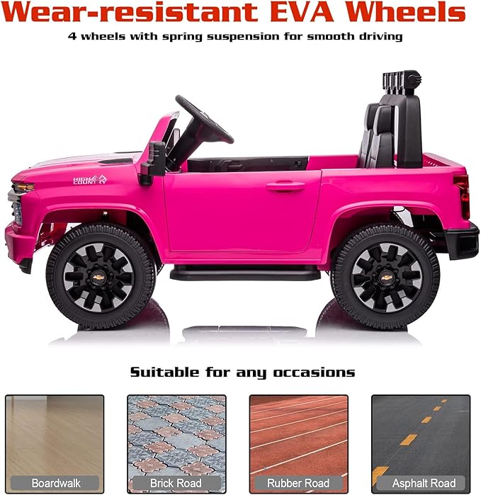 FINITO 24V 2 Seater Ride On Toy Car, Licensed Chevrolet Silverado Ride on Truck, 4WD Kids Electric car, LED Light, Bluetooth Music Player, Gift for Boys and Girls, for 3+ Kids (Pink)