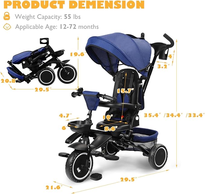 Folding Kids Tricycle, 8 in 1 Baby Trike W/Removable & Adjustable Canopy, Parent Handle, 5-Piont Safety Harness, Toddler Bike Stroller for Kids 1-6 Years, EVA Wheels, Storage Basket, Blue