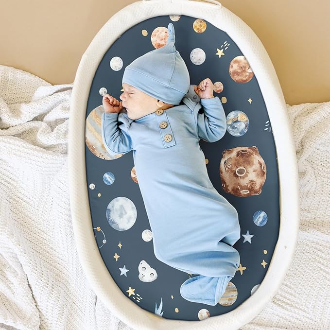 GRSSDER Stretchy Ultra Soft Fitted Bassinet Sheets 3 Pack, Universal Fit for Baby Cradle Moses Basket Oval Rectangle Mattress Safe and Snug, Space Print