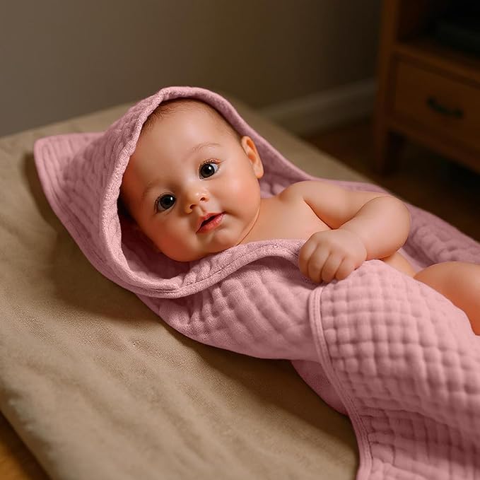 VitalCozy 8 Pcs Baby Muslin Hooded Bath Towels and Washcloths Muslin Cotton Hooded Baby Towels Absorbent Blankets for Gift Newborn Infant Shower (32 x 32 Inch,Warm Colors)