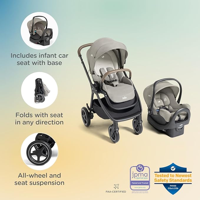 Joie, Kava and Rue Travel System - 3-in-1 Stroller, Lightweight Infant Car Seat & Anti-Rebound Base, All-Wheel Suspension, Reversible Seat (Dove)