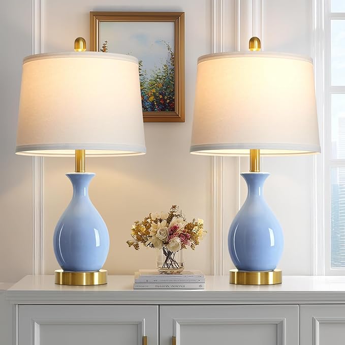 luxeflow 24″ Light Blue Ceramic Table Lamps Set of 2, Modern Classic Bedside Lamps for Bedroom Nightstand, Small Table Lamp for Living Room Side Table (2 LED Bulbs Included)