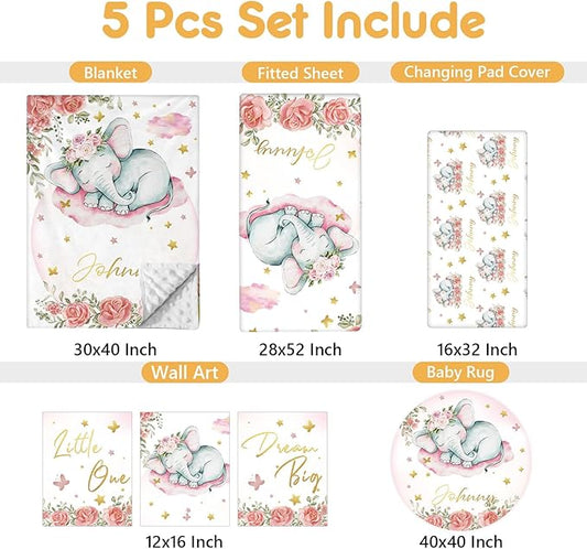 Custom Baby Crib Bedding Set, 5 Pcs Personalized Name Baby Crib Sets for Infant Toddler, Floral Elephant Nursery Bedding Set for Baby Girls, Double Layer Baby Bedding Sets Customized Gifts