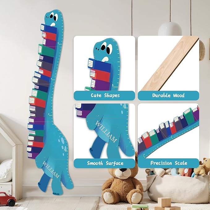 Woodemon Personalized Name Growth Chart for Wall, Dinosaur Book Wooden Growth Chart Kids Height Chart,Growth Ruler for Toddler Playroom Decor 62.4" x 15.5"