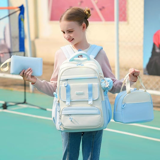 QHRIDS School Backpack for Girls, 3PCS Laptop Backpack 15.6 Inch with Lunch Box Pencil Pouch Set for Kids Teens Elementary Middle High School College Bookbag Student Casual Travel Daypack,Blue Beige