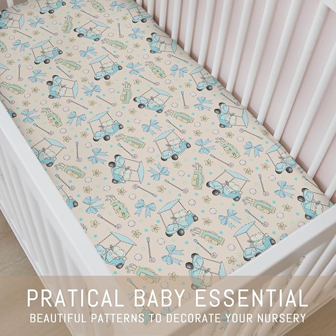 Girly Golf Stripes Bows Floral Baby Crib Sheets for Girls Pastel Blue Golfing Soft Snug Fitted Crib Mattress Covers for 52''x28'' Standard Crib & Toddler Mattress Preppy Girl Sports Nursery Bed Sheets