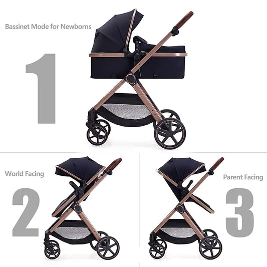 2 in 1 Baby Stroller, Newborn Infant Toddler Convertible Bassinet Pram Stroller for 0-36 Months Old Babies (Black)