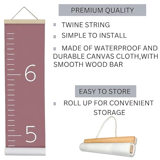 Morxy Canvas Growth Chart for Kids - Unisex Kids Room Wall Decor - Measuring Height Chart- Wall Tape with Height Chart for Kids (Canvas, Plain Mauve)