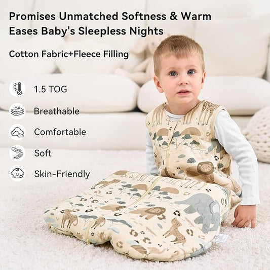 Baby Sleep Sack 18-24 Months 1.5 Tog Baby Wearable Blanket 100% Cotton Fabric Warm Sleeping sack with 2-Way Zipper Quilted for Toddler Infant Tog Apricot Elephant