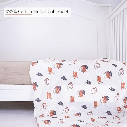 LollyBanks Baby Crib Sheets 2 Pack, 100% Cotton Muslin Breathable Fitted Crib Sheet for Boys, Soft and Snug Baby Bed Sheets for Standard 52"x28" Mattress, Infant Essentials (Cowboy and Solid Tan)