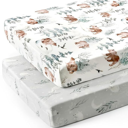 Stretchy Ultra Soft Jersey Knit Fitted Crib Sheets Set 2 Pack,Fit All Standard Crib Mattress Pads Safe and Snug, Stylish Pattren of Bear and Wolf Print