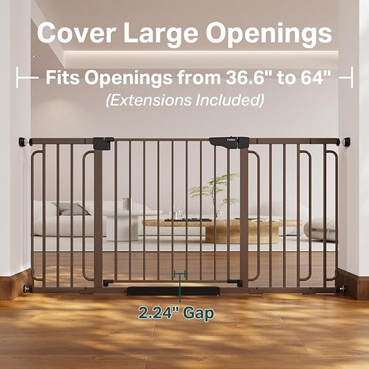 Cumbor 36.6-64" Extra Wide Baby Gate for Stairs, Dog Gates for Doorways, Auto-Close Pet Gate Indoor, Pressure Mounted Walk Through Safety Child Gate for Kids Toddler, Tall Pet Puppy Fence Gate, Brown