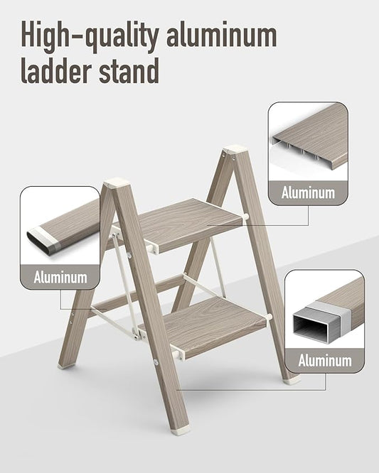 Mayi Plus 2 Step Ladder,Aluminum Folding Step Stool for Adults,Step Ladder with Wide Anti-Slip Pedal,330 lbs Capacity for Home,Kitchen,Library,Office,(Fir Woodgrain