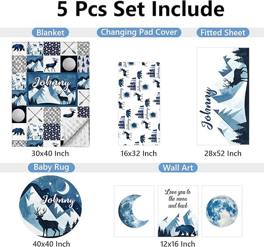 Custom 5-Piece Baby Crib Bedding Set, Personalized Name for Toddlers, Blue Deer Nursery Set for Boy Girl, Double Layer Infant Crib Set, Customized Gifts