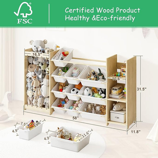 EXPERLAM 3-in-1 Toy Storage Organizer, Stuffed Animal Holder & 3-Tier Bookcase, Solid Wood Toy Organizer with 12 Storage Bins, Space-Saving Toy & Book Shelf for Kids Rooms, Bedroom, Playroom, White