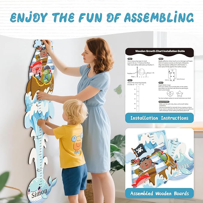 Woodemon Personalized Growth Chart for Wall, Whale Shape Height Chart for Kids, Customize Growth Measuring Board for Girls Boys Teen Room Nursery Wall Decor