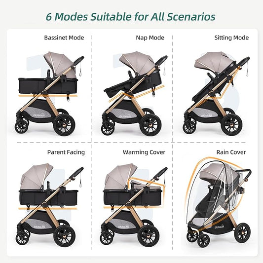 6-in-1 Convertible Baby Stroller with Bassinet Mode - Toddler Stroller w/Footmuff, Rain Cover, Cup Holder & Large Storage, Newborn w/All-Scene Large Wheels, Reversible Seat(Grey)