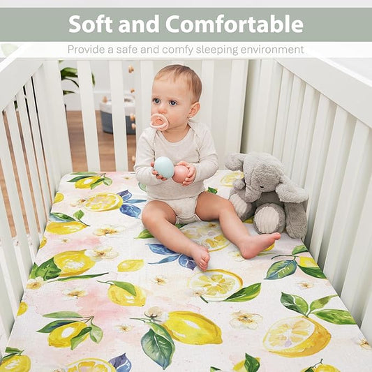 Lemons Baby Crib Sheets for Boy Girl 52x28Inch Lemon Branch Leaves Flowers Soft Stretchy Fitted Crib Mattress Covers Tropical Summer Fruits Baby Sheet for Standard Crib and Toddler Bed Mattress