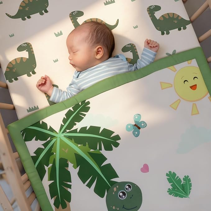 Oudain 4 Piece Dinosaurs Crib Bedding Set Including Green Blue Dinosaurs Crib Skirt, Blanket, Sheet and Diaper Stacker, Soft Nursery Standard Size Baby Bedding for Baby Girls and Boys