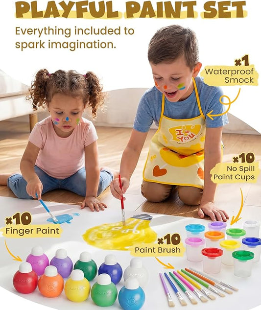 JUPITEARTH 10 Colors Washable Tempera Paint Set, 4.06oz(120ml) Non Toxic Finger Paints for Toddlers and Kids, Included Brush, Cups, Art Smock