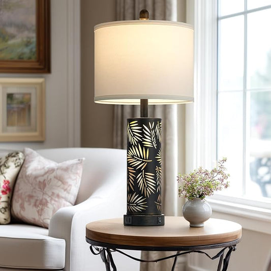 Cinkeda Set of 2 Rustic Table Lamps for Living Room Bedroom, Vintage Farmhouse Nightstand Lamp with 2 USB Ports, Hollow Out Black Metel Lamp for End Table with Nightlight (Retro Black)