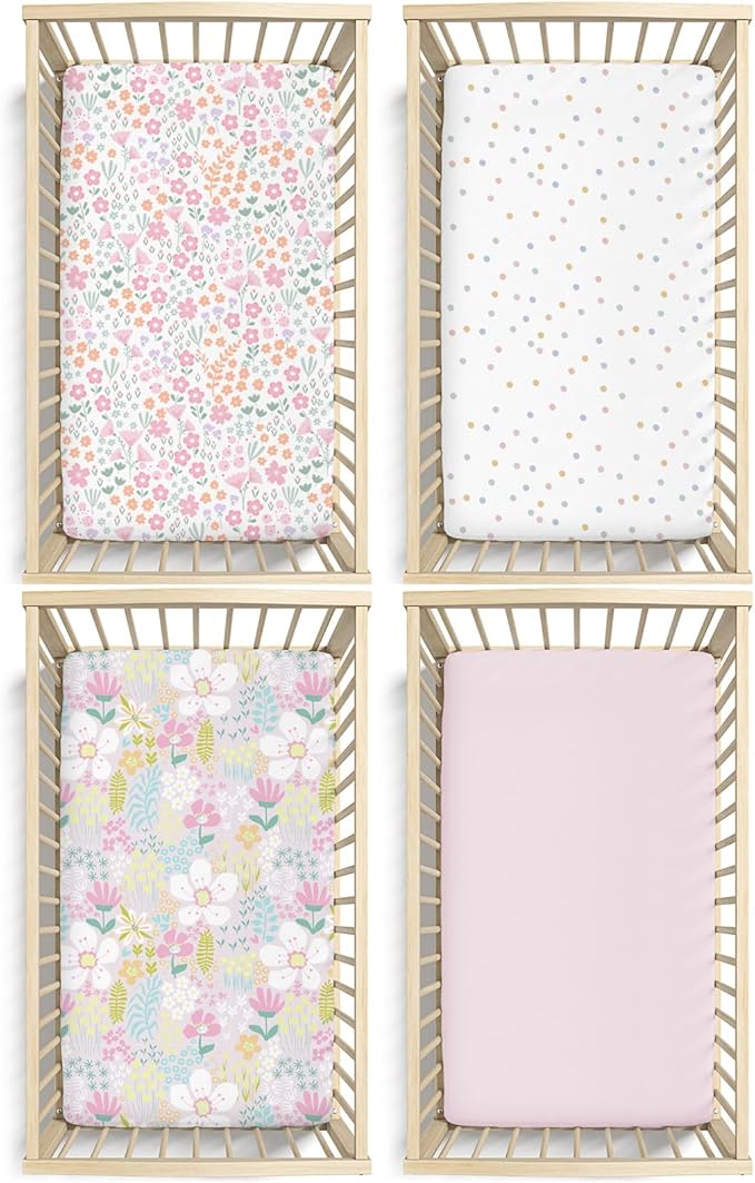 Little Grape Land Crib Sheets Baby Toddler Sheets 4 Pack Fitted for Boys Girls, Standard Size 28x52‘’ Crib Mattress, Super Soft Breathable Washable Microfiber (Floral/Blossom/Dots/Blush Pink)