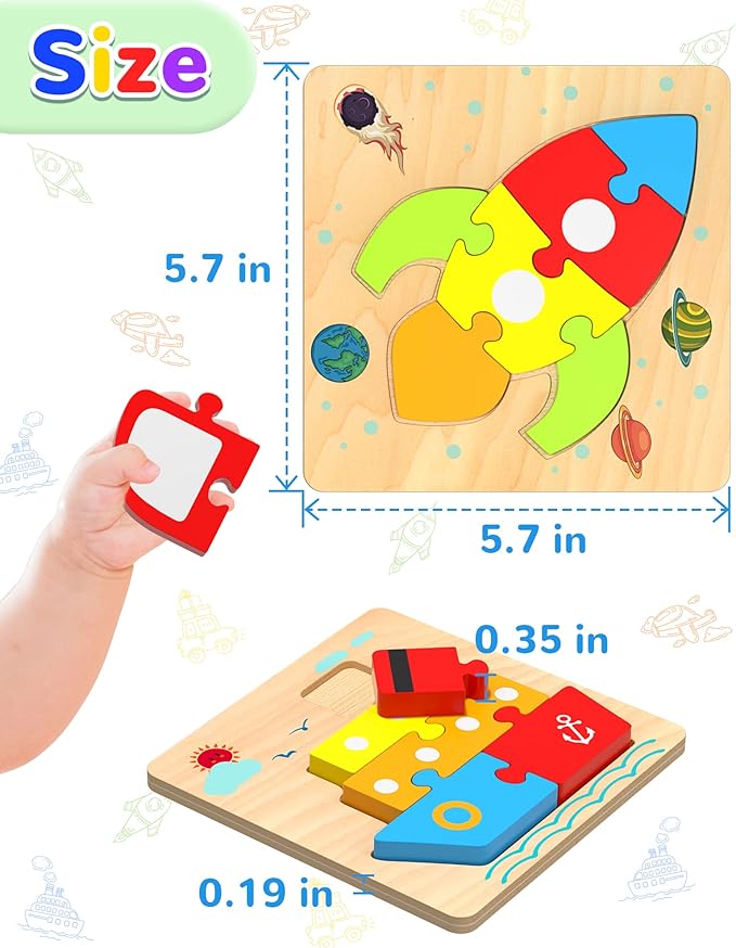 Yetonamr Wooden Toddler Puzzles Gifts Toys for 1 2 3 Years Old Boys Girls, 6 Vehicle Shape Montessori Toys Educational Blocks Stocking Stuffers Kids Gift Baby Learning Toy Age 1-3, 2-4