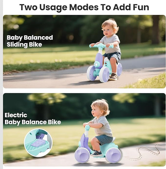 Electric Baby Balance Bike with Bubble Machine for 1 Year Old Boys Girls 4 in 1 Toddler Balance Bike 12-48 Month Kids Bubble Bike Ride Toys First Birthday Gift with Powered Motor,Music,LED Lights