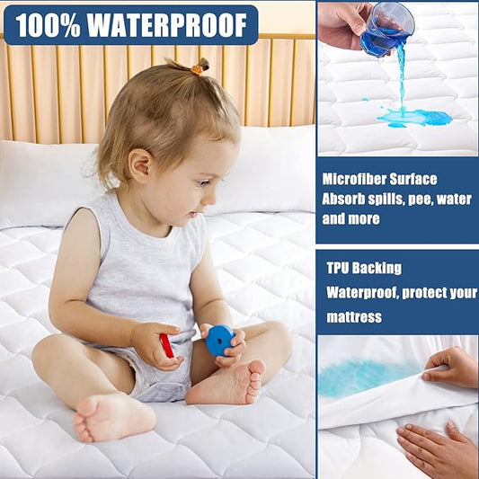 Twin XL Size Quilted Fitted Mattress Pad, Waterproof Breathable Cooling Mattress Protector, Stretches up to 21 Inches Deep Pocket Hollow Cotton Alternative Filling Noiseless Mattress Cover