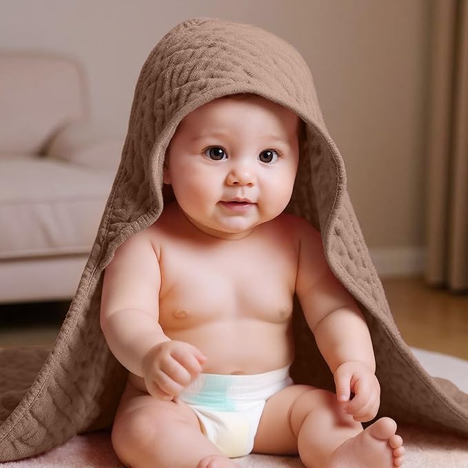 VitalCozy 6 Pcs Baby Muslin Hooded Bath Towels and Washcloths Muslin Cotton Hooded Baby Towels Absorbent Blankets for Gift Newborn Infant Shower (32 x 32 Inch,Light Bean Paste,Rose Pink)