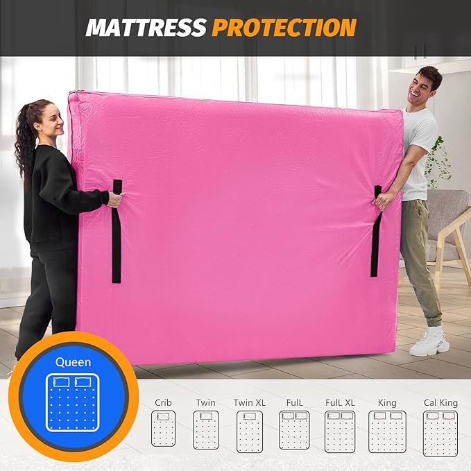 Mattress Bags for Moving, BETU Mattress Protector Waterproof Mattress Cover Queen Size Storage Bags with 8 Heavy-Duty Handles and Zipper for Bed Extra Thick Large Reusable (82"x62"x15" Pink)