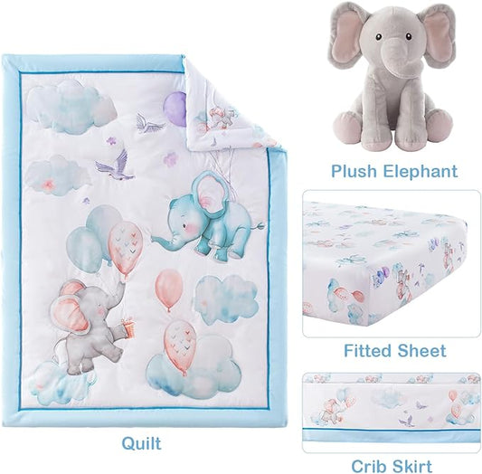 4 Pieces Crib Bedding Set for Baby Boys Girls, Infant Toddler Nursery Baby Bedding Sets Includes Cartoon Quilt, Fitted Crib Sheet, Crib Skirt and Plush Elephant Toy