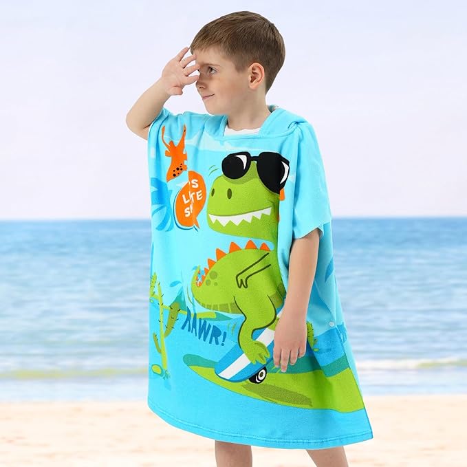 PINNKKU PINNKU Dinosaur Beach Towel with Hood for 2-10 Years, Soft Absorbent Hooded Bath Towels for Boys Girls, Toddler Pool Swim