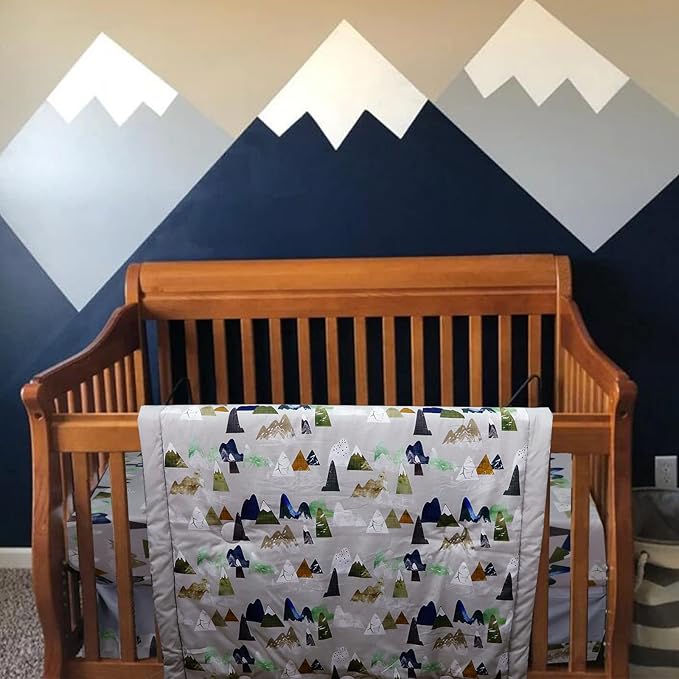 TANOFAR 4 Piece Crib Bedding Set for Boys, Infant & Toddler Nursery Bed Set with Crib Skirt, Quilt, Crib Sheet and Diaper Stacke, Standard Size Soft Baby Bed Set (Grey Mountain)