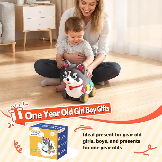 Baby Toys for 6-12-18 Month, 3-in-1 Musical Puppy Toy, Crawling & Walking Toys for 1 Year Old Boy Girl Gifts, Bilingual Learning Educational for 7 8 9 10 Months Developmental Toy