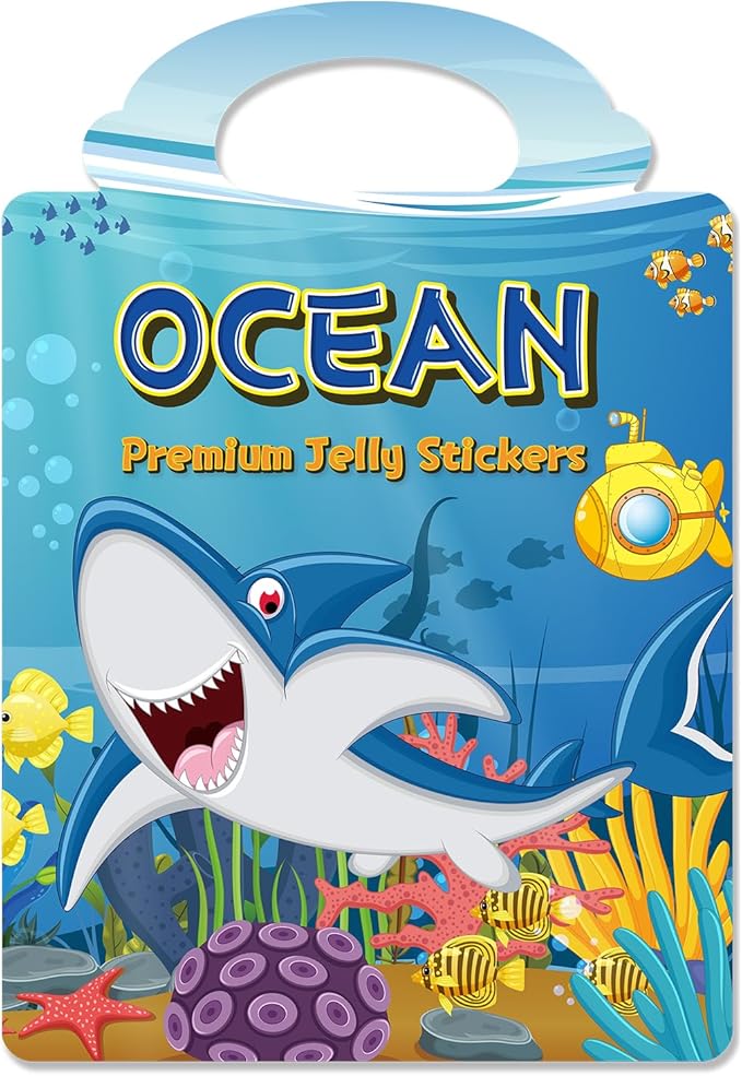 Reusable Sticker Book for Toddlers 3-6, Jelly Stickers for Kids, Sticker Activity Book Travel Toys for Road Trip, Car & Airplane, Educational Learning Gifts for Boys and Girls Ages (Ocean Theme)