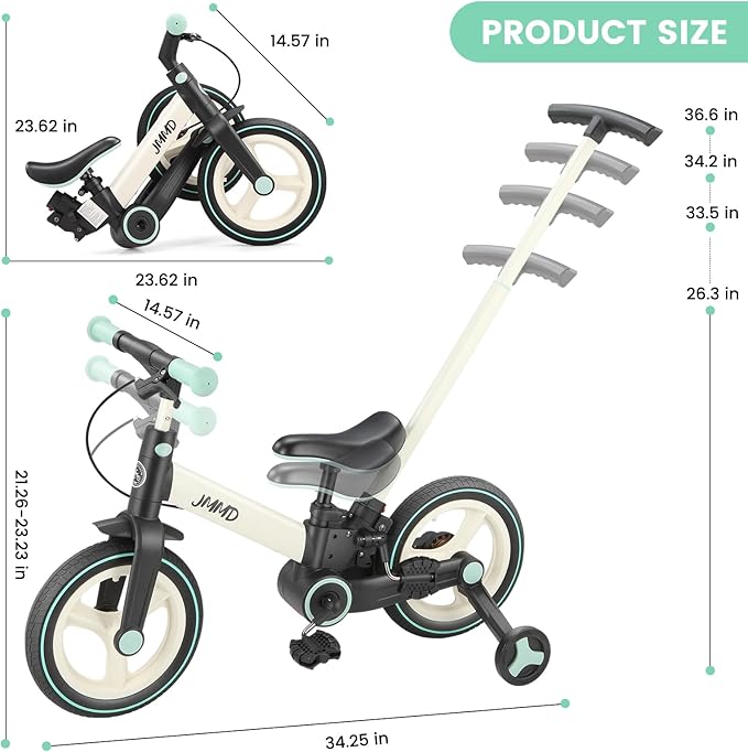 JMMD 6 in 1 Toddler Bike with Push Handle for Kids 18-60 Months, 12" Foldable Balance Bike with Training Wheels, Pedals, Brakes, Kickstand, Push Tricycle Toddler Gift & Toys for Boy & Girl