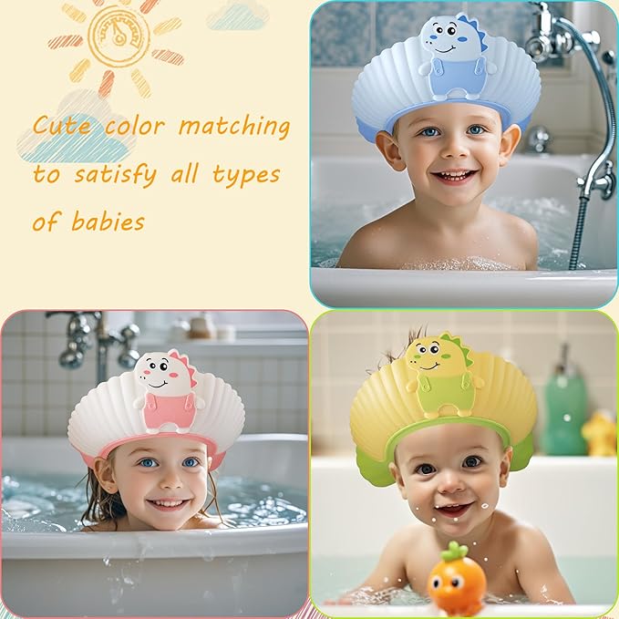 Baby Shower Cap Shield, Shower Cap for Kids, Visor Hat for Eye and Ear Protection for 0-9 Years Old Children, Cute Little Dinosaur Shape Makes The Baby Bath More Fun (Pink)