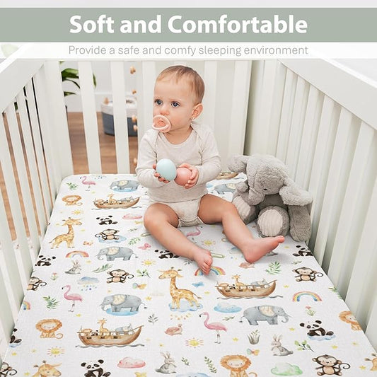 Cute Animals Ship Baby Crib Sheets for Boy Girl 28"x52" Lion Panda Giraffe Flamingo Rainbow Sun Leaves Soft Snug Fitted Crib Mattress Cover Wildlife Baby Sheet for Standard Crib & Toddler Bed Mattress