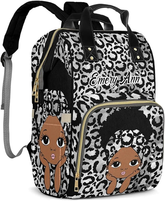Personalized Black Silver Leopard Girl Custom with Name Diaper Bag Backpack For Baby Boy Girl Dad Mom Unisex for Adult Daypack Holiday Gift