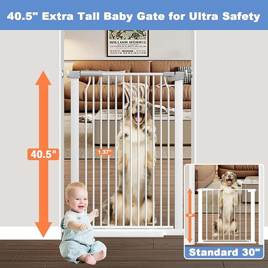 40.5" Extra Tall Baby Gate for Stairs, 29.6"-40.5" Extra Wide Dog Gate Indoor for The House, Auto Close Pressure Mounted Safety Child Toddler Gate, Pet Gate for Doorways Kitchen, White