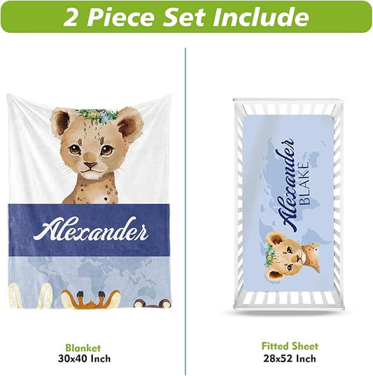 Personalized Crib Bedding Set for Boys Girls, Custom Baby Crib Sets with Name, Blue Leopard Design Nursery Bedding 2 Piece - Soft Blanket with Double Layer Dotted Backing, Crib Fitted Sheet