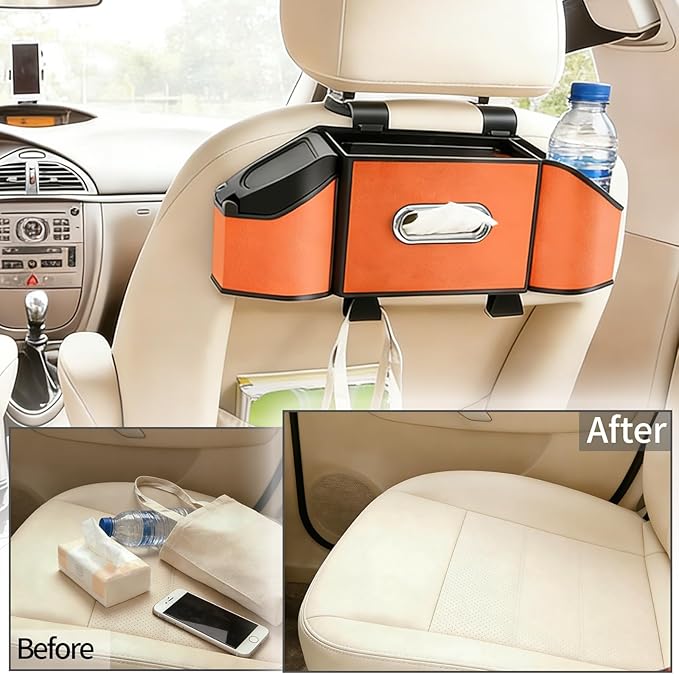Oivjckx 7-In-1 Multifunctional Car Seat Back Organizer with Cup Holders, Tissue Box, Garbage Can & Hooks, Headrest Storage & Cup Holder for Backseat (Orange)