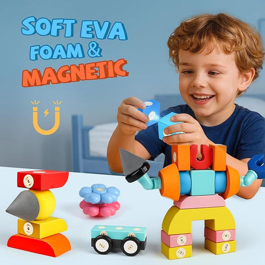 Joyfresh Foam Magnetic Blocks for Toddlers, 100pcs,Big Building Block for Kids 2 3 4 5 Years Old, Soft EVA Blocks Toys Gifts for Boys Girls