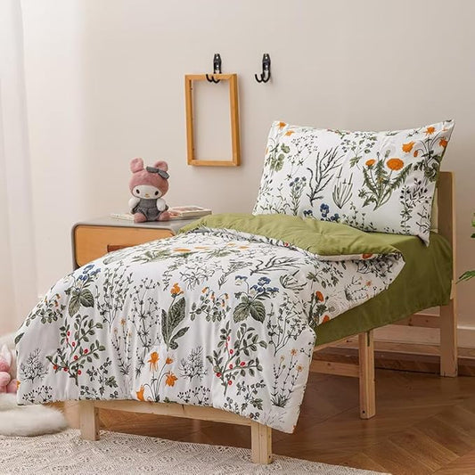 CLOTHKNOW 4 Pieces Floral Toddler Bedding Sets for Grils, Green Leaves Pattern on White, Soft Crib Bed Set Including Comforter, Flat Sheet, Fitted Sheet and Pillowcase, Green White