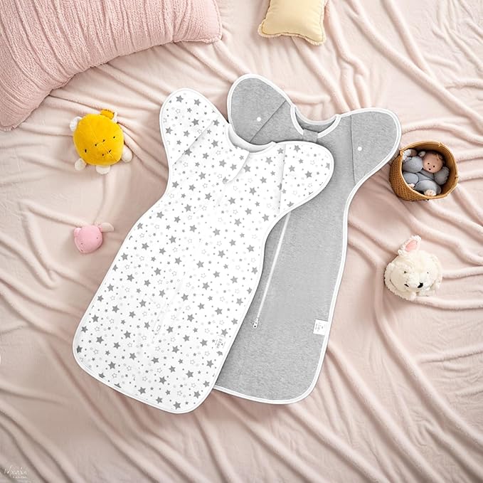 2-Pack Baby Swaddle Sleep Sack 3-6 Months - Arms Up Transitional Swaddles with Removable Cuffs & 2-Way Zipper, Gray Stars Design, Breathable Cotton Newborn Sack